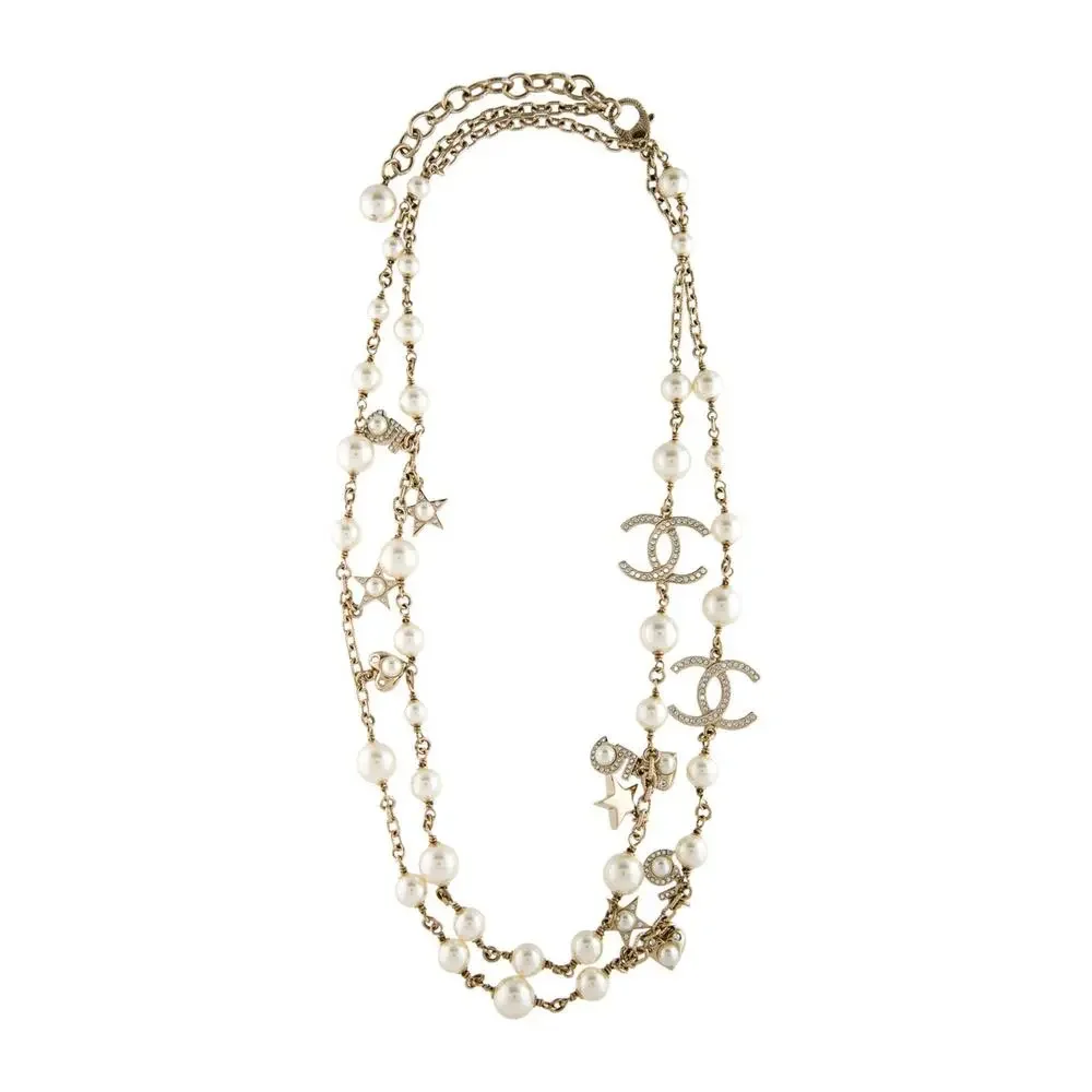 Chanel Gold-tone Faux Pearl Strass Interlocking CC Logo Long Station